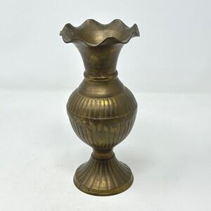 Global Views Vintage Aged Brass Bud Vase India Ribbed Scalloped Rim Urn